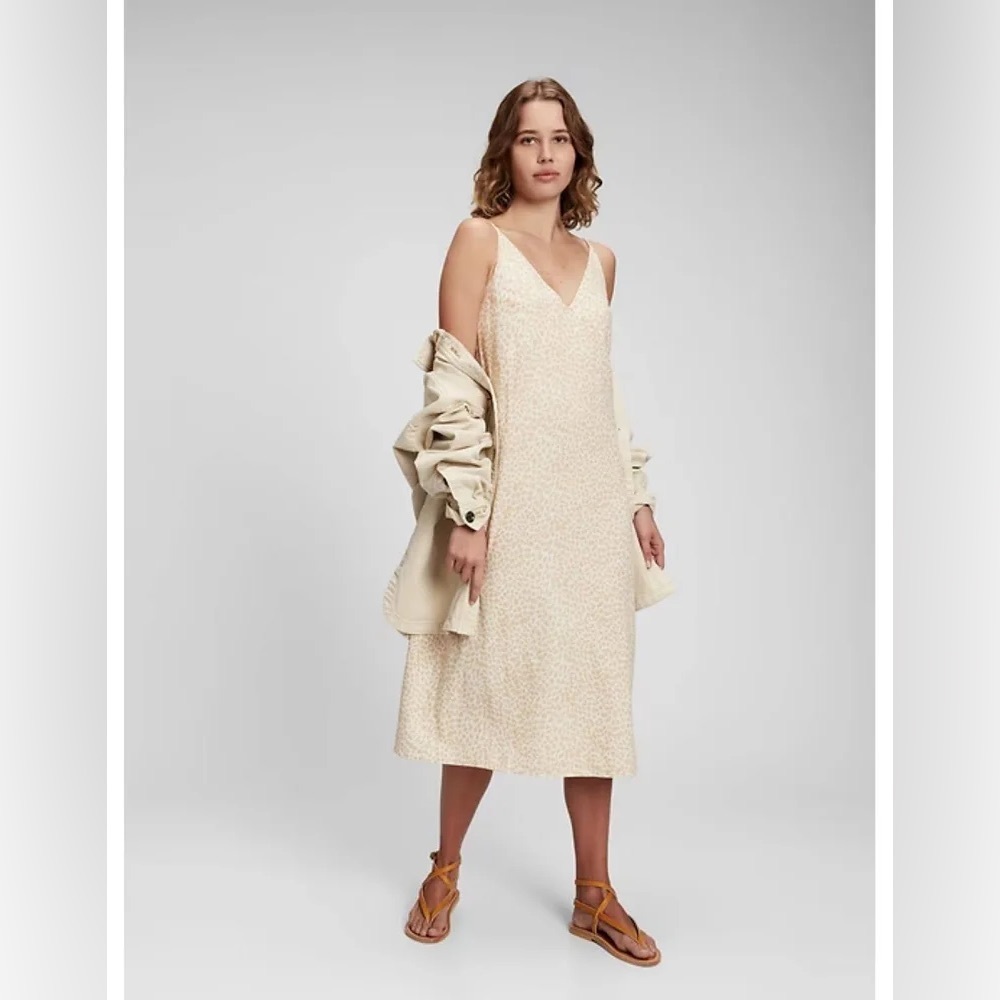 NWT Gap Women’s Linen Blend Cami Midi Dress Beige Leopard Print Size 6